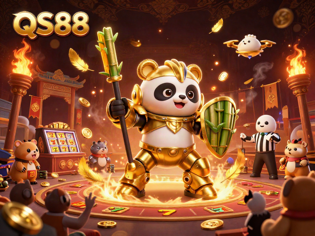 Experience the excitement at QS88 with dynamic 3D casino action featuring a golden panda in a mech-suit.