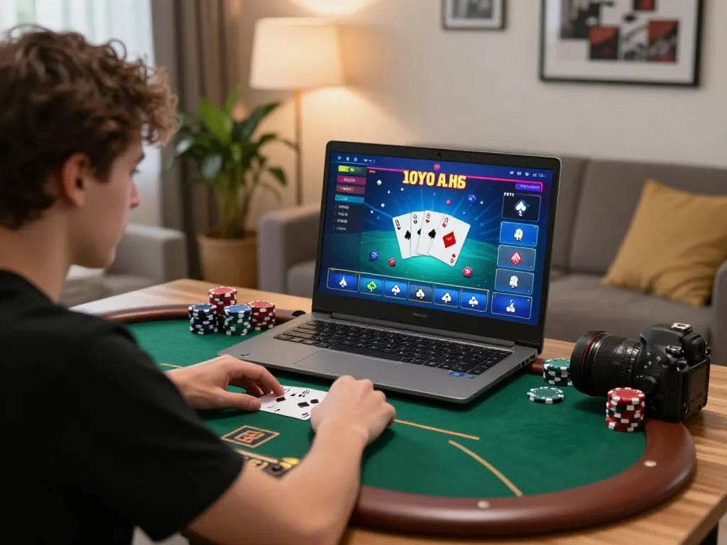 Engaged player at home using 9bet41 for online poker, chips and cards vividly displayed.