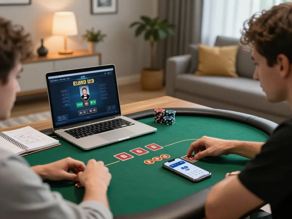 Player engaging in an online poker game on uu88 app at home, showcasing a strategic betting atmosphere.