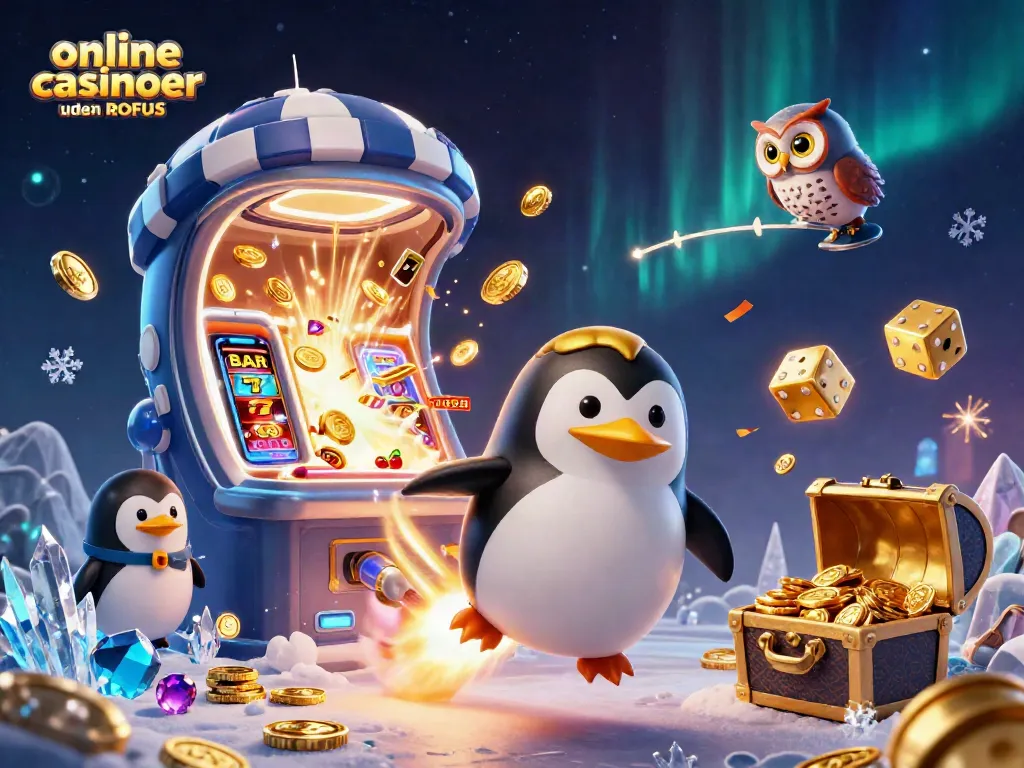 Spin and explore online casinoer uden ROFUS with a vibrant rocket-propelled penguin illustration.