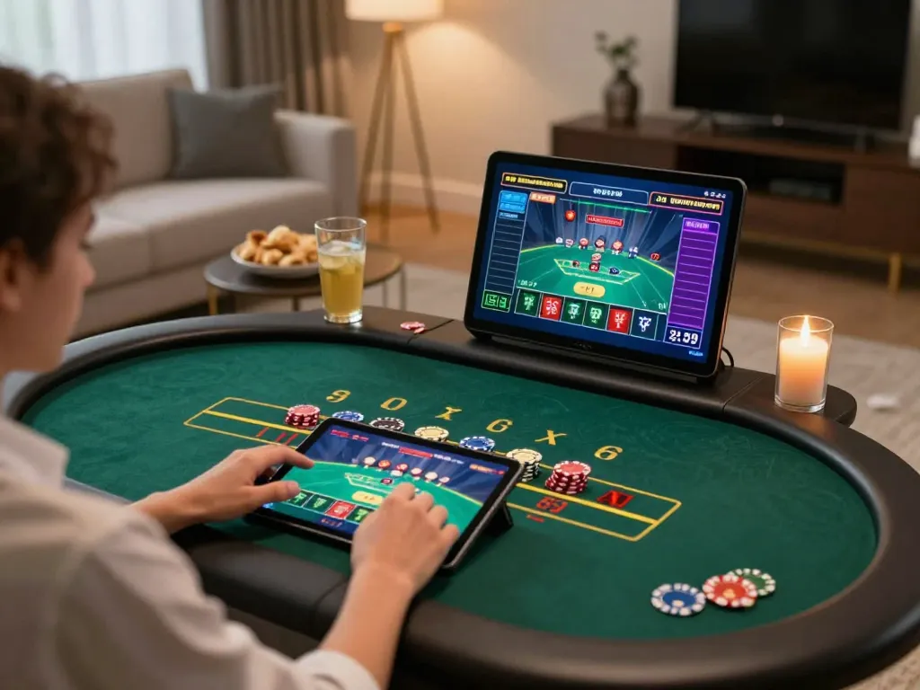 Person enjoying a thrilling game of blackjack online with 98win on a tablet in a stylish living room setup.
