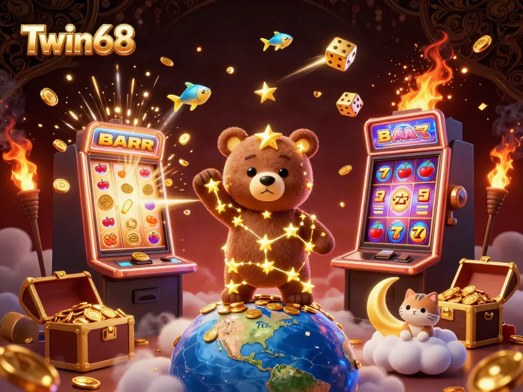 Twin68 showcases a vibrant gaming scene filled with stars, coins, and vibrant gaming elements.