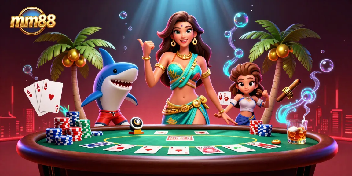 Engage with mm88's vibrant online gambling atmosphere featuring poker and tropical elements.