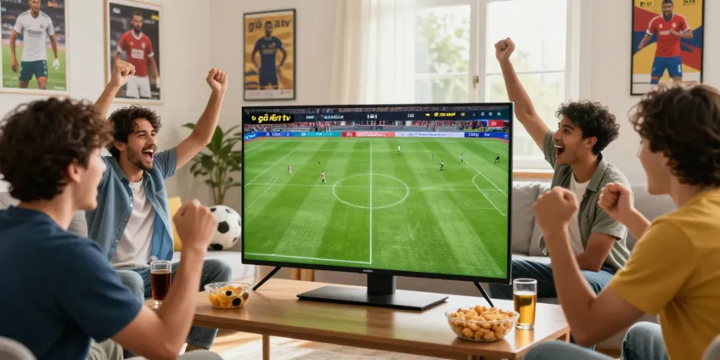 Excited fans enjoying a live football match on gà vàng tv in a cozy room.