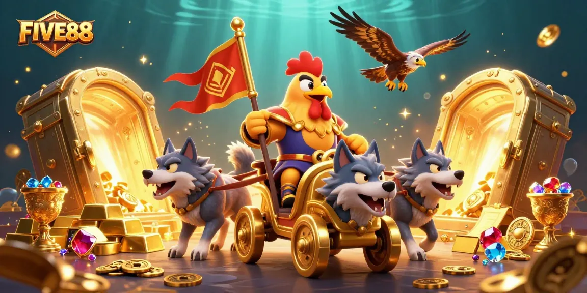 Experience FIVE88's thrilling casino adventure with a dynamic 3D illustration of victory and riches.