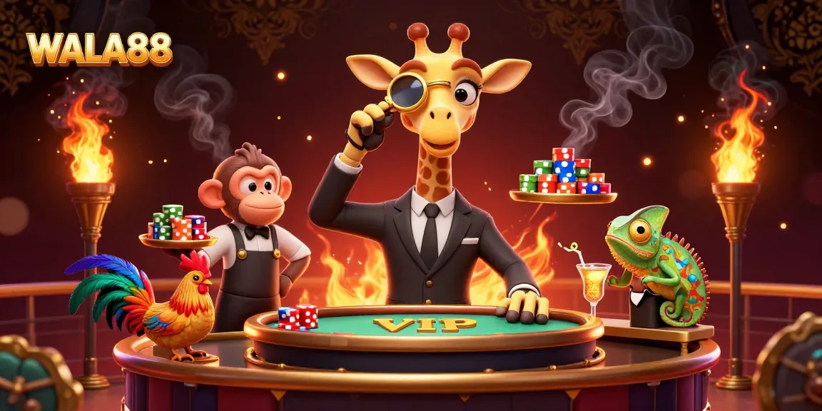 WALA88 showcases a vibrant cockfighting scene with a giraffe and monkey, emphasizing thrilling gameplay.