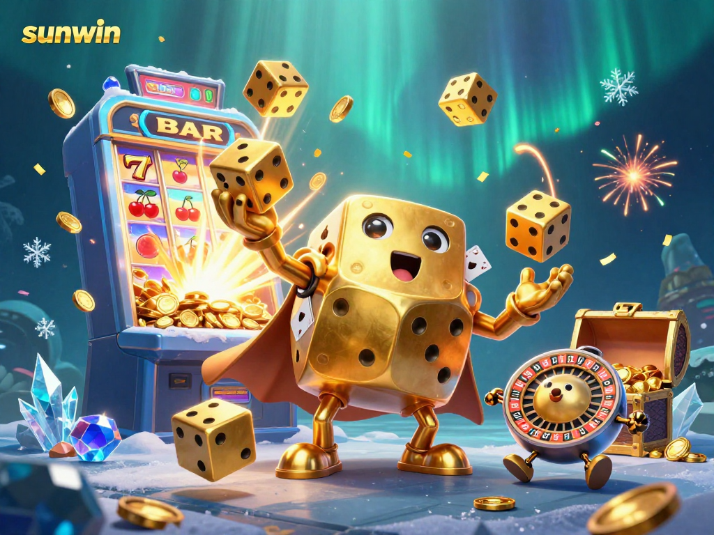 Experience the thrill of sunwin with a dynamic 3D illustration of golden dice and slot machines bursting with jackpots.
