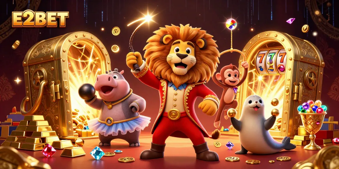 E2BET's vibrant casino illustration showcases characters celebrating wins amidst slot reels and treasures.