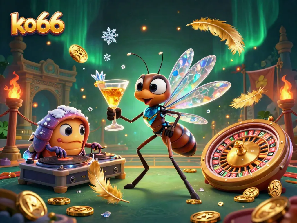 Experience thrilling casino action with ko66's dynamic 3D illustration featuring unique characters and elements.
