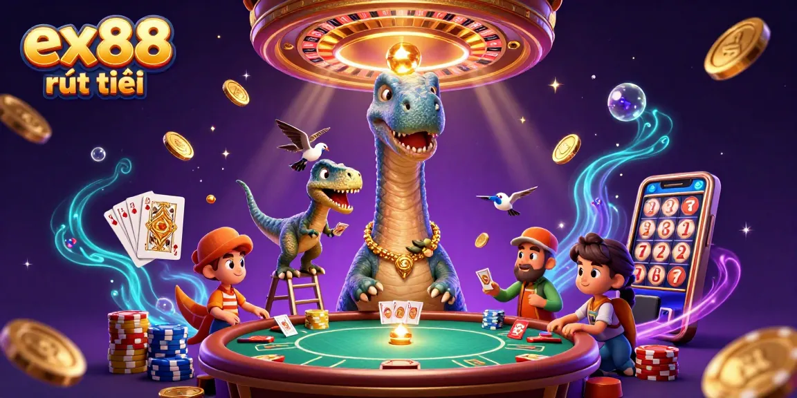 Experience the thrill of ex88 rút tiền with 3D cartoon characters in a vibrant casino scene.