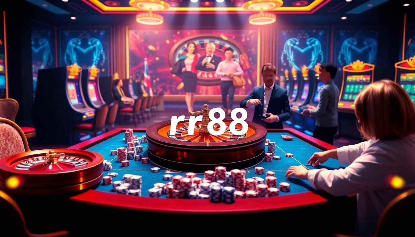 Exciting gambling scene with nhà cái rr88 elements, showcasing roulette, slots, and poker chips.