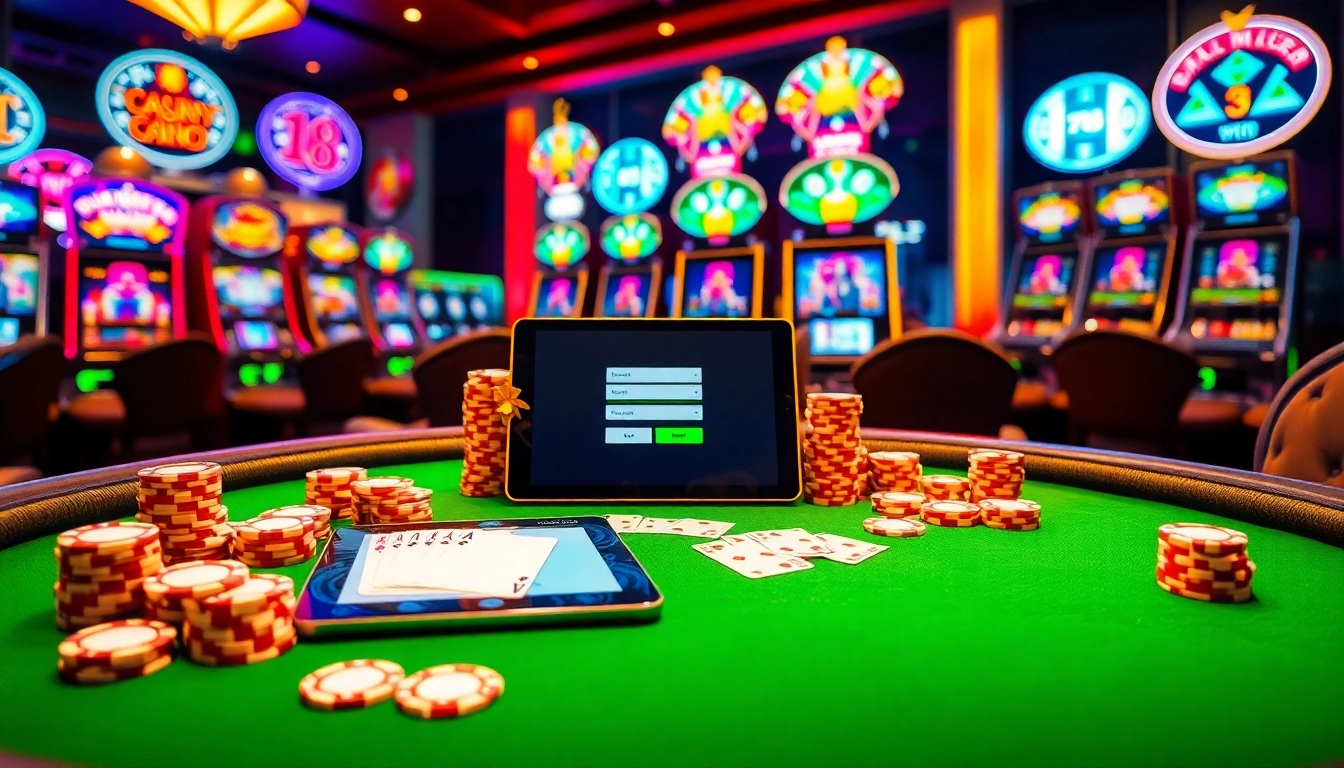 Enjoy an exciting mm88 đăng nhập experience at a vibrant casino featuring poker tables and slot machines.
