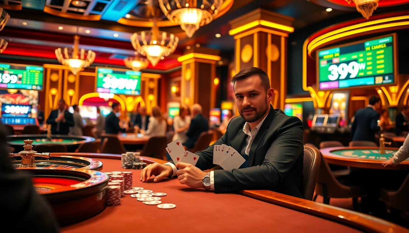 Winning big at 399W poker table with vibrant casino atmosphere and excitement.