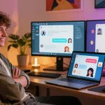 A user enjoying an interactive NSFW chat bot experience on a laptop in a cozy room.