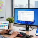 User actively using WPS Download in a modern office workspace, showcasing productivity tools and tech elements.