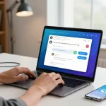 Engaging with Telegram Web Version using laptop in modern home office setting